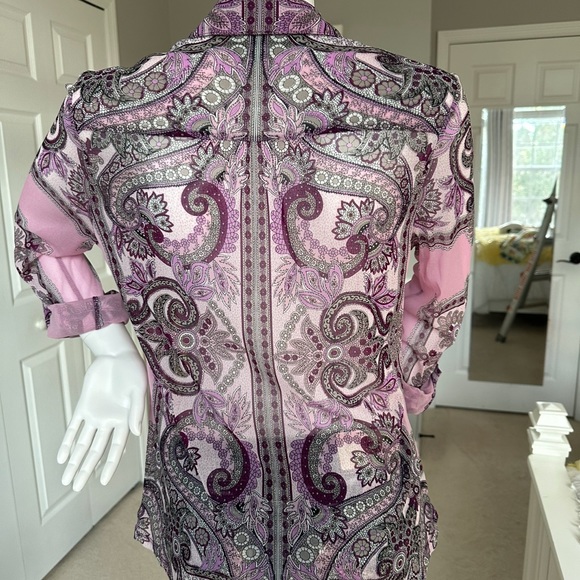 SIZE LARGE - SHEER PURPLE PAISLEY BUTTON DOWN BLOUSE - Picture 2 of 6